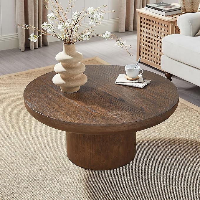 35.98'' Round Coffee Table Wood Pedestal Coffee Tables for Living Room, Modern Rustic Table Circle Easy Assembly, Dark Brown-ø35.98''