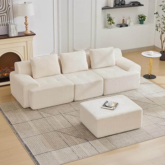 105.8'' Modular Sectional Sofa with Movable Ottoman, 3 Seat Deep Seat Couch with 3 Pillows, Comfy Cloud Sectional Sofa for Living Room, Bedroom (White, 1 Left+1 Right+1 Middle+1 Ottoman)