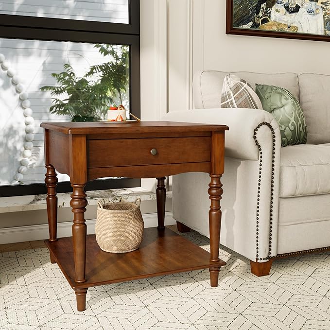 Large End Table with Drawer and Storage Shelf, Solid Wood Sofa Side Table, Slim Beside Table,Telephone for Small Spaces, Living Room, 22.8"L x 22.8"W x 24"H ,No-Tools Assembly,Caramel Brown CJZC008DR