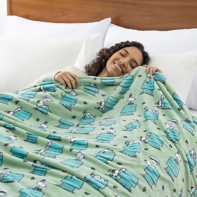 Berkshire Peanuts® VelvetLoft® Cute Character Snoopy Plush Blanket,Regular Snoopy Dog House Poses & Paws Closed in Sage,King 90 in x 108 in (Official Peanuts® Product)