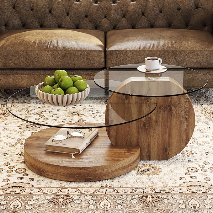 35.4" Glass Coffee Table, Small Round Coffee Table, 2-Tier Tempered Glass Tabletop with Wooden Base, Modern Center Table for Living Room, Home, Apartment, Ideal for Small Space