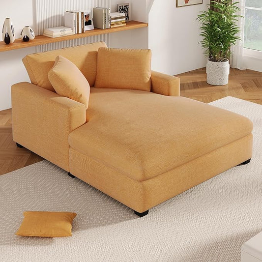 Christopher Knight Home Larrz Oversized Chaise Lounge Chair Indoor, Cozy Upholstered Sleeper Sofa Couch, Durable Wood Frame, Deep Seat Reading Chair with 2 Throw Pillows and Armrests, Yellow