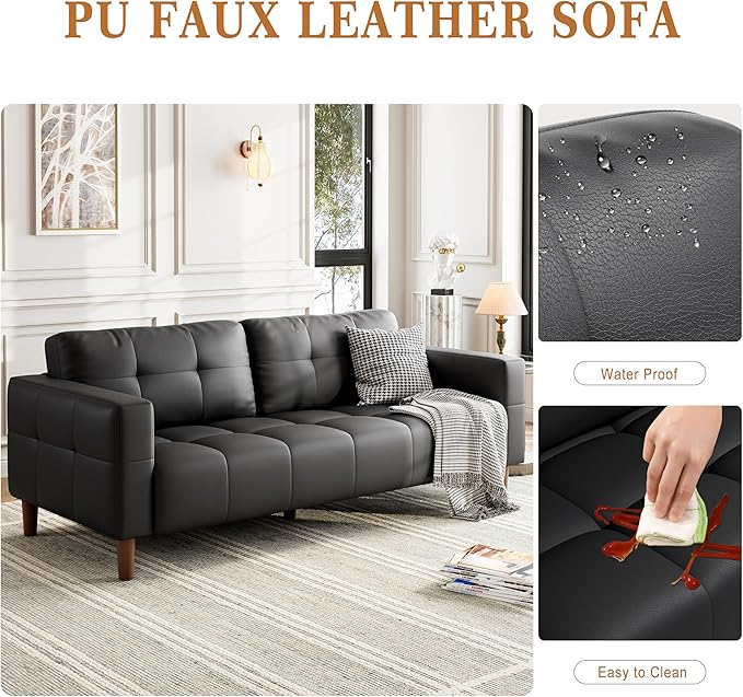 GarveeHome 3-Seater Sofa Couch, 83" Wide Faux Leather Sofa Couch with Spring Cushion, Modern Sofa with Deep Seats and 2 Removable Back Cushions, for Living Room, Apartment, Office, Modern Black