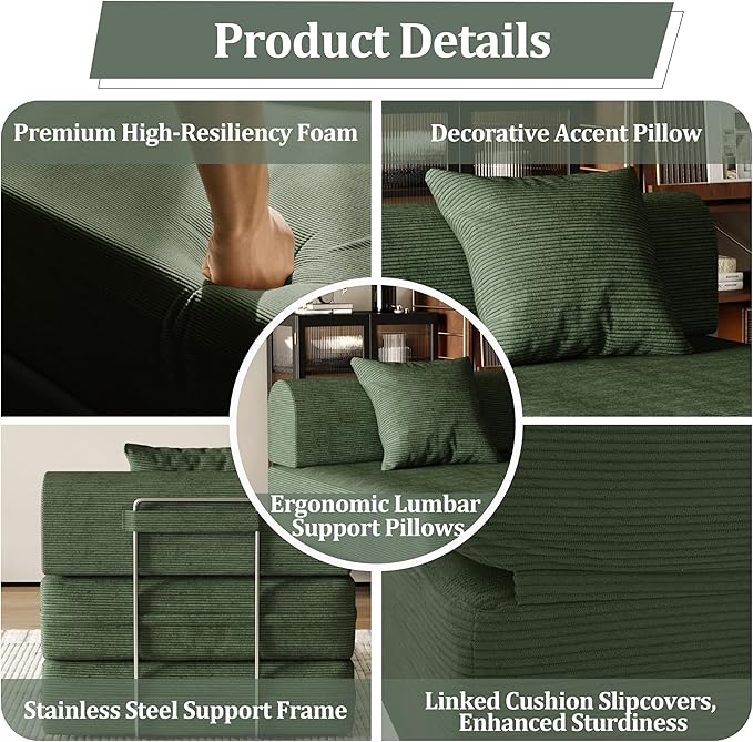 31.5'' Convertible Compressed Corduroy Folding Cloud Sofa Bed Set of 2, 2 Pieces Modern Boneless Pull Out Sleeper Sofa Couch, 3 in 1 Portable Lazy Floor Lounge Chair Set, No Assembly Needed, Green