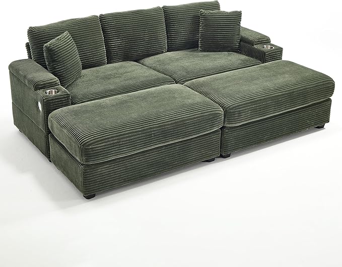 KEIKI Combination Sofa Bed Set, 4 Seat Chaise Lounge Sofa with Armrest Storage, Cupholders, USB, Deep Seat Couch Reading Chairs for Living Room, Green