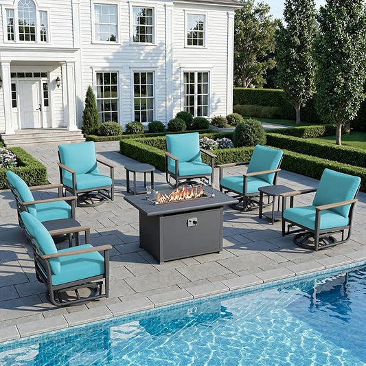 10Pcs Aluminum Patio Rocking Swivel Chair with 55,000 BTU Fire Pit Table Outdoor Bistro Set with Coffee Table, Patio Furniture Set with High Backrest & Thickened Cushions, Turquoise