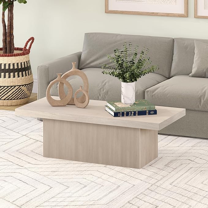 Henn&Hart 48" Fluted Low-Profile Rectangular Coffee Table with Ribbed Base for Living Room, Family Room, or Office, Beech White