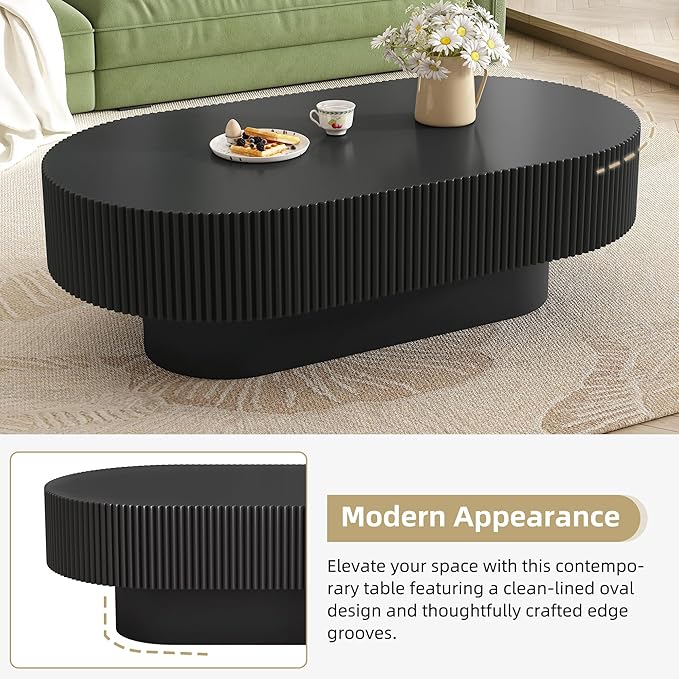 Merax Modern Oval Coffee Table with Sturdy Base, Wood Minimalist Fluted Center End Tables for Living Room Reception Room, Easy Assemble,Black