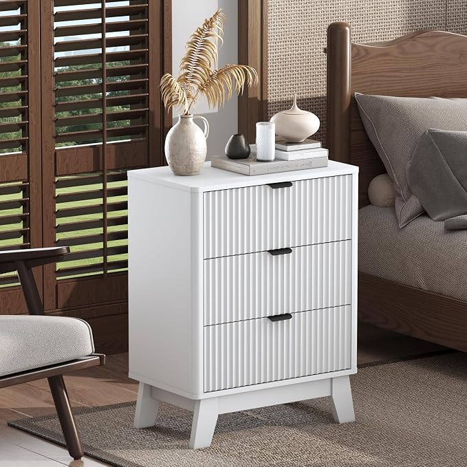 Wodeer Night Stand with 3 Drawers, Mid Century Modern Wood Bedroom Nightstand, Bedside Table & End Table with Metal Handles, Farmhouse Nightstand for Bedroom, White by WODEER