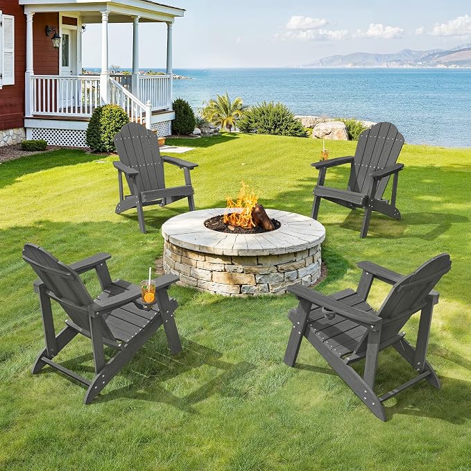 LUE BONA Matte HDPE Adirondack Chairs Set of 4 - Weather Resistant Seating with Cup Holder for Patio, Fire Pit, Deck & Cafe Patio, Dark Gray by LUEBONA