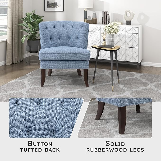 Lexicon Accent Chair, Textured Fabric Upholstered Armless Chair with Solid Wood Legs, Button Tufted Curved Back for Living Room/Bedroom/Office/Waiting Area, Blue
