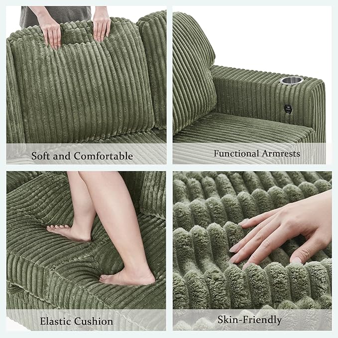 81" Modular Sectional Sofa, L-Shaped Convertible Sectional Sleeper Sofa Bed with Pull Out Bed, Storage Chaise, USB & Type-C Charging, 5-Seat Corduroy Couch for Living Room Apartment, Green