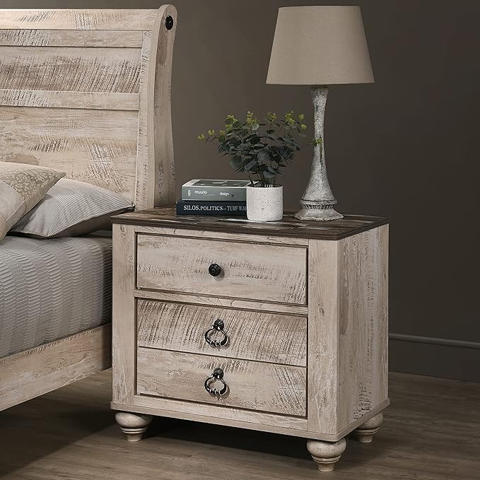 Roundhill Furniture Imerland White Wash Finish 3-Piece Bedroom Set-Sleigh Bed and Two Nightstands, Queen Size