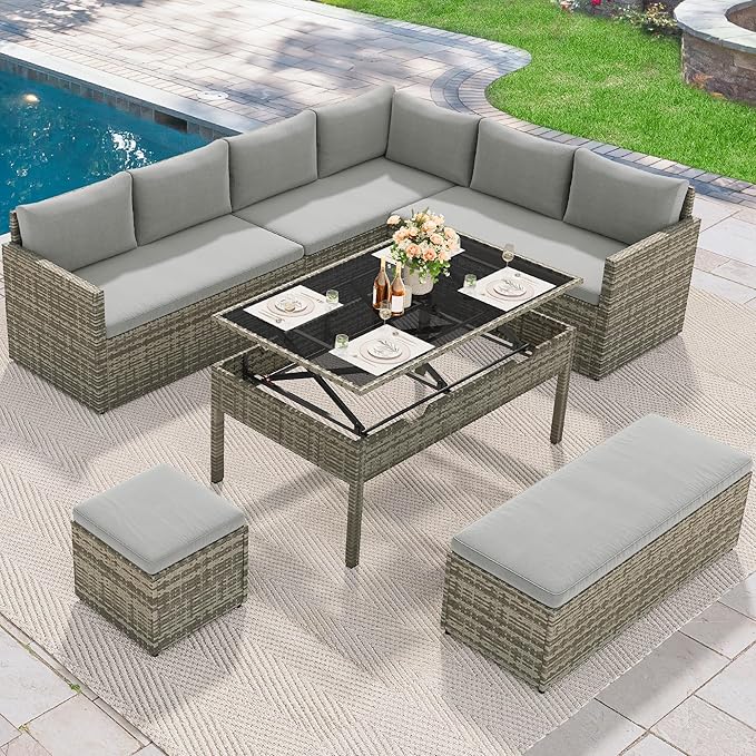 YITAHOME 9 Piece Patio Furniture Set, All-Weather Wicker Outdoor Sectional Sofa with Lift-Top Coffee Table & Ottoman, Patio Conversation Set for Deck, Backyard, Porch - Gray Gradient