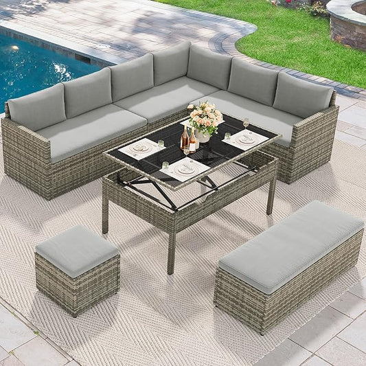 YITAHOME 9 Piece Patio Furniture Set, All-Weather Wicker Outdoor Sectional Sofa with Lift-Top Coffee Table & Ottoman, Patio Conversation Set for Deck, Backyard, Porch - Gray Gradient
