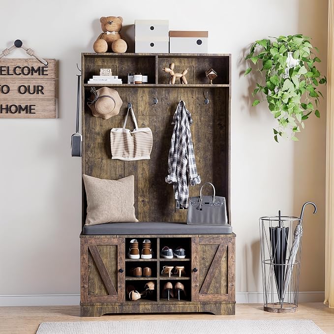 71" Hall Tree with Bench and Shoe Storage, Entryway Hall Tree with 2 Doors and 6 Adjustable Shelves, Cushioned Storage Bench with Coat Rack for Hallway, Living Room, Mudroom - Image 2