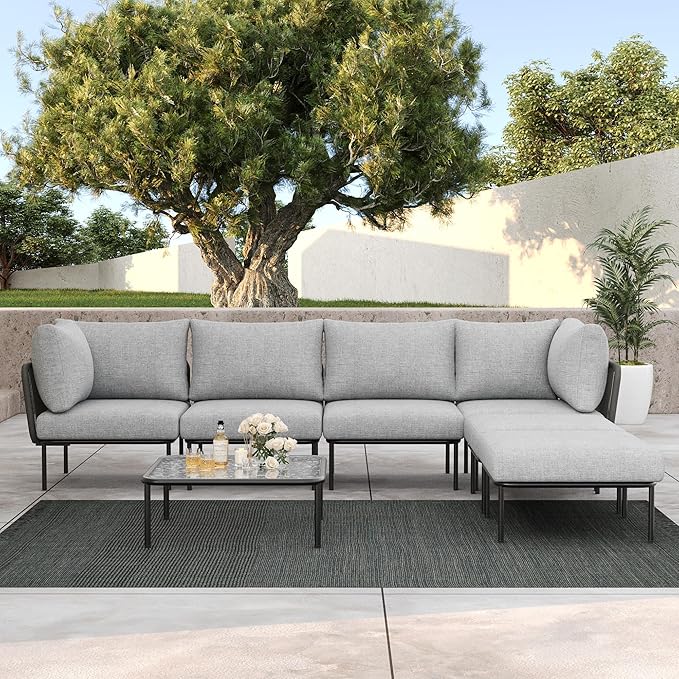 LayinSun 7 Pieces Aluminum Patio Furniture Set, Modern Modular Sectional Sofa with Coffee Table and Upgrade Thickness Cushion
