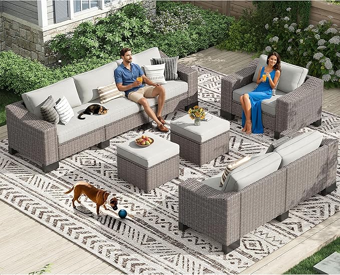 8 Piece Patio Furniture Set, Wicker Patio Conversation Set with 5.9" Wide Armrest, Waterproof Cushions & Ottomans with Modular Outdoor Couch for Backyard, Deck, Garden