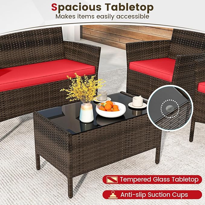 DORTALA Wicker Patio Furniture Set 4 Piece, Outdoor PE Rattan Table & Chairs Set with Tempered Glass Coffee Table, Loveseat, Cushions, Conversation Set for Balcony, Porch, Backyard, Deck, Red