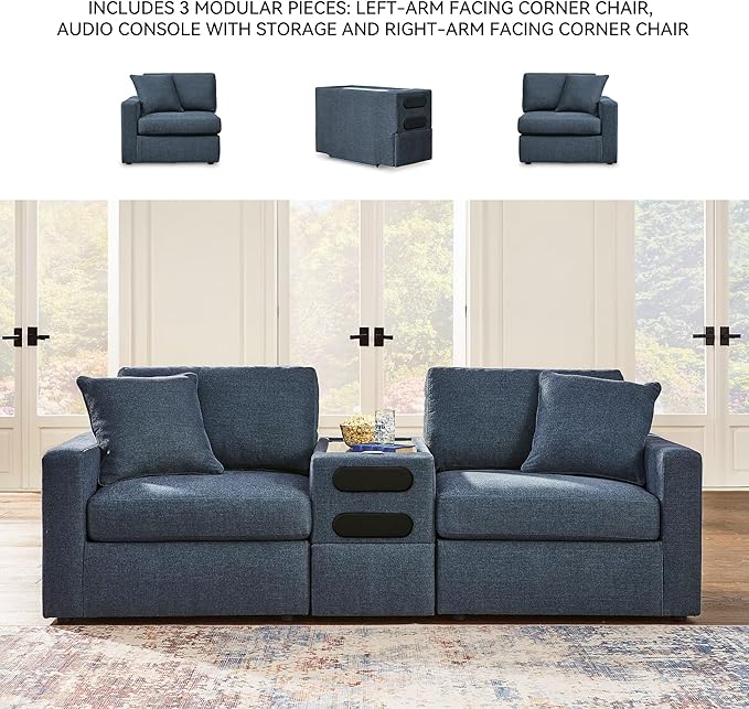 Signature Design by Ashley Modmax Contemporary Modular Stain Resistant 3-Piece Sectional with Audio Console, Drawer Storage, USB Ports and 2 Accent Pillows, Blue