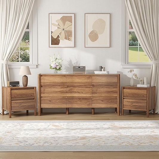 CHUWELL 3-Piece Bedroom Dresser Set-9 Drawer Dresser & 2 Nightstands,47" Wide Walnurt Dresser and Night Stands with Solid Wood Cylindrical Legs,Rustic Wooden Storage for Bedroom