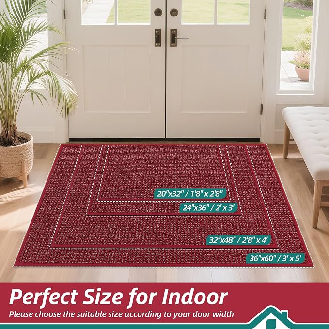 BEQHAUSE Dirt Trapper Door Mat 24" x 36", Non-Slip Washable Doormats Entrance Mat, Dirt Resistant and Absorbent Welcome Mat, Low Profile Floor Mats for Front Back Door and Entryway, Red - Image 2