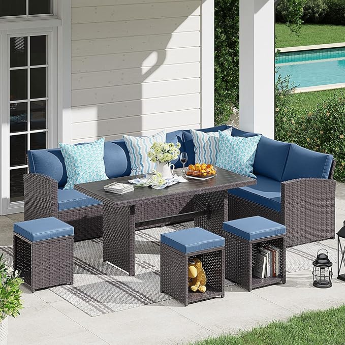 JOIVI Patio Furniture Set, 7 Piece Patio Dining Sofa Set, Outdoor Sectional Sofa Conversation Set All Weather Wicker Rattan Couch Dining Table & Chair with Ottoman, Aegean Blue