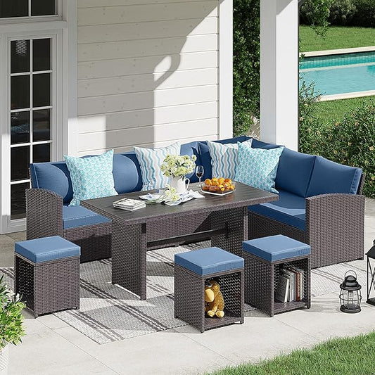 JOIVI Patio Furniture Set, 7 Piece Patio Dining Sofa Set, Outdoor Sectional Sofa Conversation Set All Weather Wicker Rattan Couch Dining Table & Chair with Ottoman, Aegean Blue
