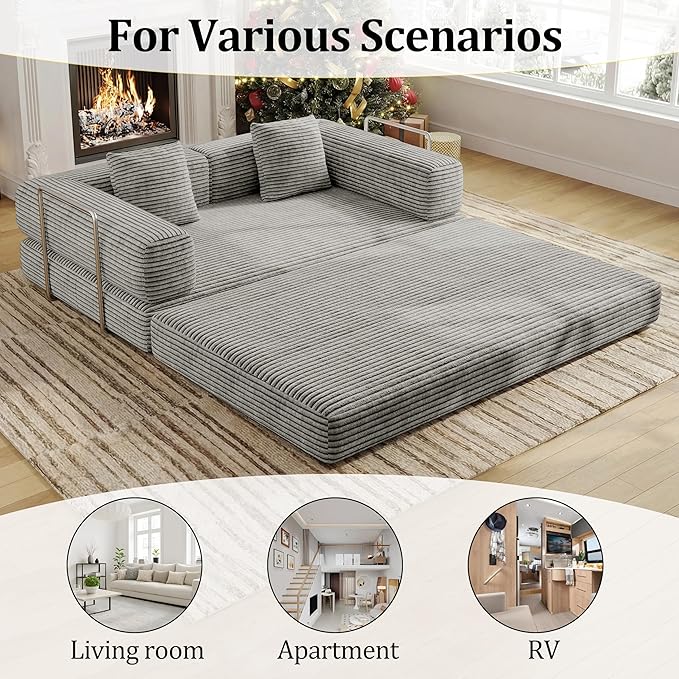 4 in 1 Futon Sofa Bed Queen Size - Foldable Convertible Sleeper Sofa Couch with L-Shaped Armrests Space Saving Floor Mattress for Bedroom & Dorm(Light Gray, 59” 2 Seat)
