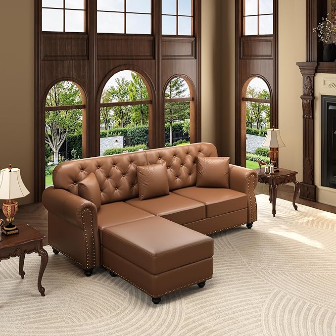 KEIKI 83" Faux Leather Chesterfield Sofa with Rolled Arms & Nailhead Trim & 1 Ottoman, 3-Seater Button Tufted Couch with High Resilience Cushion & 3 Pillow, Easy Assembly, for Living Room, Brown
