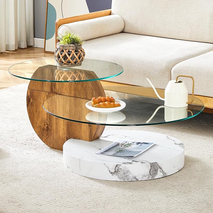 42" Glass Coffee Table, Round Coffee Table, 2-Tier Tempered Glass Tabletop with White and Wood Base, Modern Center Table for Living Room, Home, Apartment, Ideal for Small Space