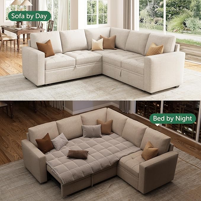 HONBAY Modular Sectional Sleeper Sofa with Pull Out Bed L Shaped Couch with Storage Seat Sectional Couches for Living Room,Beige