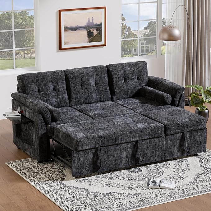 3 in 1 Convertible Sofa Bed, Chenille Pull Out Couch with Side Table, 3 Seat Pull Out Sofa Bed with Level Adjustable Backrest, Comfy Sleeper Sofas for Living Room, Apartment, Black