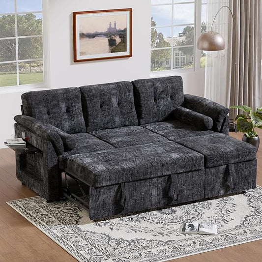 3 in 1 Convertible Sofa Bed, Chenille Pull Out Couch with Side Table, 3 Seat Pull Out Sofa Bed with Level Adjustable Backrest, Comfy Sleeper Sofas for Living Room, Apartment, Black