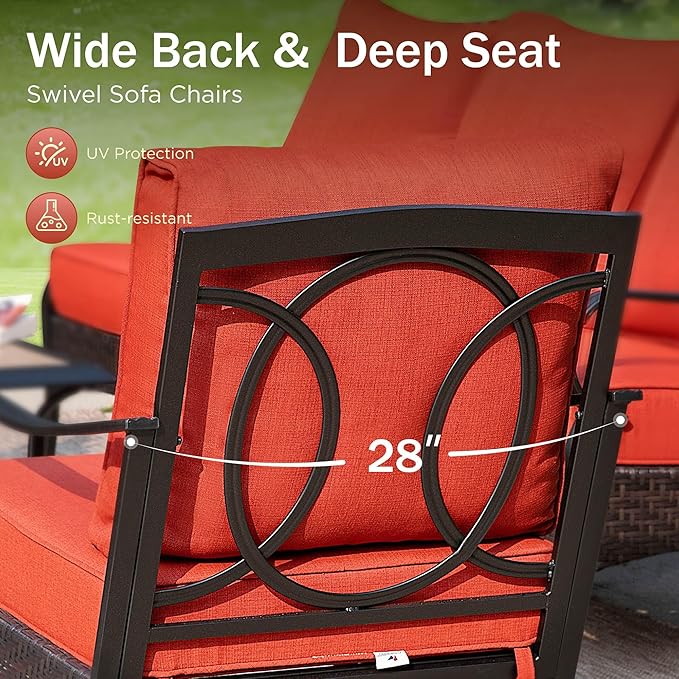 Patio Furniture Set with 32" Fire Pit Table, Patio Conversation Sets 4 Swivel Chairs with Thick Cushion and 50000 BTU Fire Pit Table (5 Pieces,Red