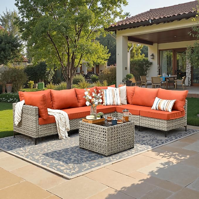 7 Piece Outdoor Patio Furniture with Glowing Coffee Table, Rattan Wicker Conversation Set with Sofa, Sectional Single Chairs for Outside Porch Balcony Backyard Pool,Orange