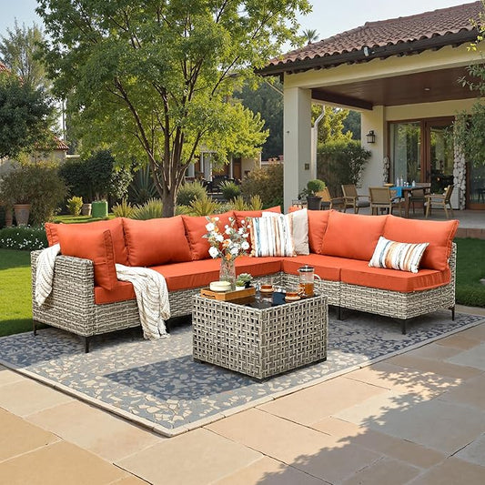 7 Piece Outdoor Patio Furniture with Glowing Coffee Table, Rattan Wicker Conversation Set with Sofa, Sectional Single Chairs for Outside Porch Balcony Backyard Pool,Orange