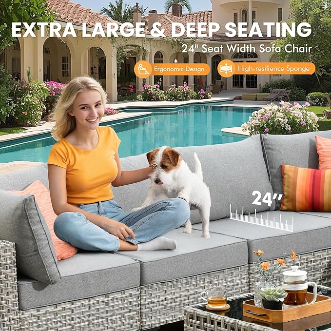 Outdoor Sectional Patio Furniture Set with Fire Pit Table and Glowing Table,8 Pieces Wicker Conversation Sets L Shaped Couch Out Door Sofa Set Outside Furniture for Garden Deck Yard,Dark Grey