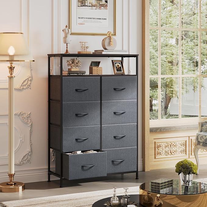 WLIVE Fabric Dresser for Bedroom with Open Shelves, Tall Dresser with 8 Drawers, Storage Tower with Fabric Bins, Chest of Drawers for Closet, Living Room, Hallway, Charcoal Gray - Image 4