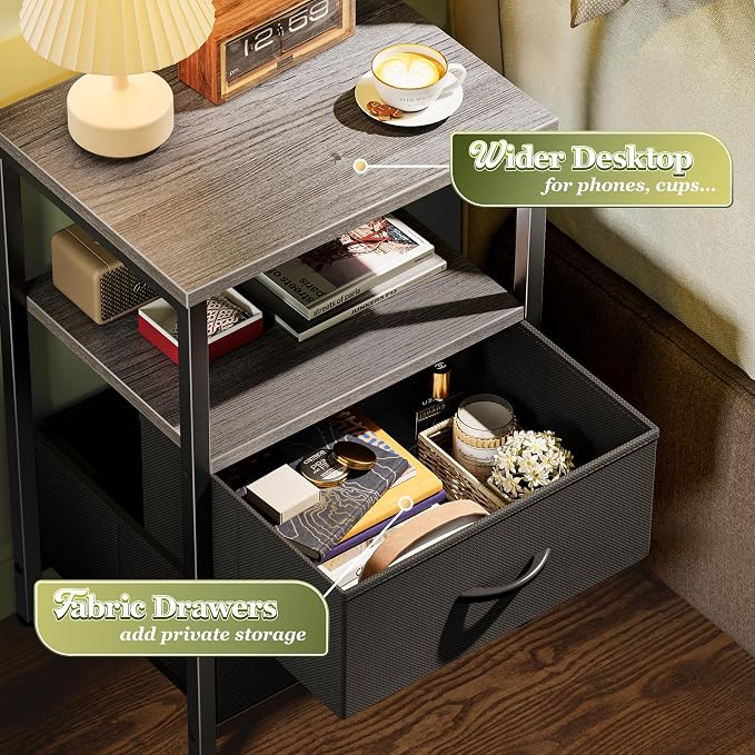 Huuger Night Stand with 2 Drawers, Bed Side Table with Open Shelf, Wooden Top, Nightstand for Bedroom, End Table for Small Space, Fabric Drawer, Grey - Image 5