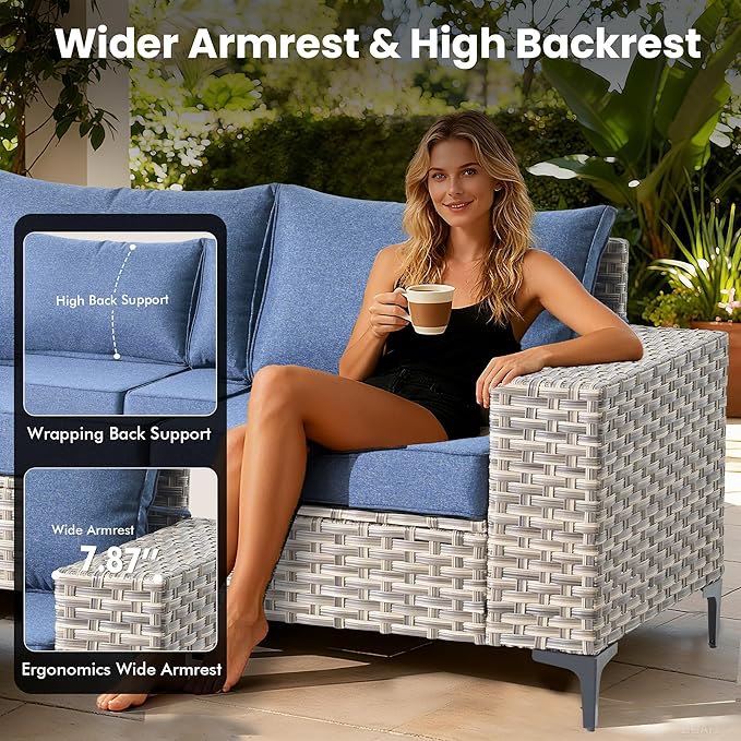 Patio Furniture Set, 8 Pieces Outdoor Wicker Conversation Sets with 2 Wicker Rocking Chair & Coffee Table Outdoor Sectional Sofa for Balcony Backyard Poolside Garden Lawn (Blue)
