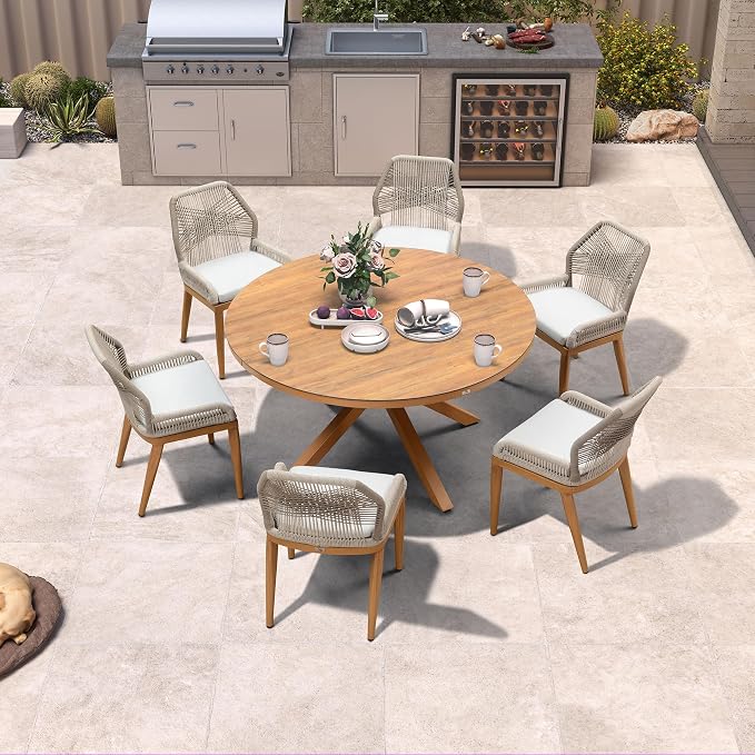 PURPLE LEAF 7 Pieces Round Dining Set Patio Aluminum Modern Round Table and Wicker Chairs with Cushions for Kitchen Backyard Garden Outdoor Furniture Sets, Teak - Image 2
