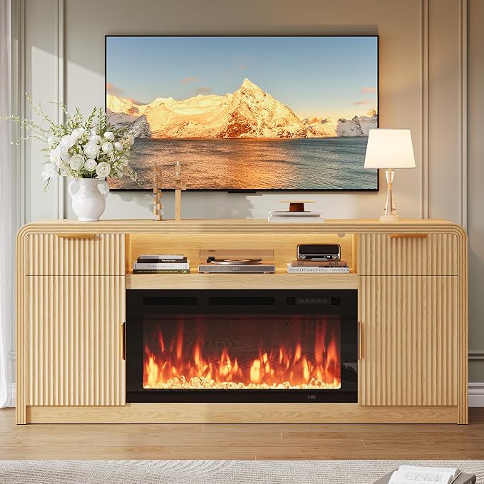 Decofy 70" Fluted Fireplace TV Stand for 80" TV, TV Console Cabinet with Wavy Grain Doors & Adjustable Shelves, Remote & Touch Control Adjustable LED Light, Flame Colors&Temperature for Living Room by Decofy