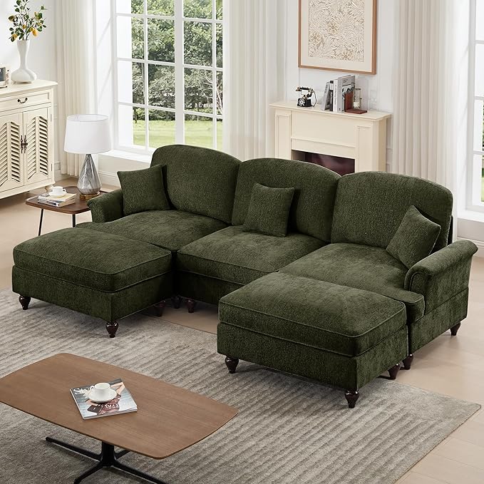 KEIKI Mid Century Modular Sofa with Flared Arms and Skirted Design, 107” Oversized 3-Seater with 2 Ottomans Luxury Chenille U-Shaped Sectional Couches for Living Room, Chaise Lounge Indoor, Green