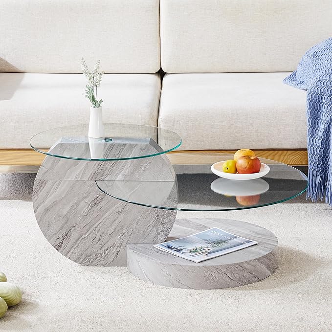 35.4" Glass Coffee Table, Round Coffee Table, 2-Tier Tempered Glass Tabletop with Grey Faux Marble Base, Modern Center Table for Living Room, Home, Apartment, Ideal for Small Space