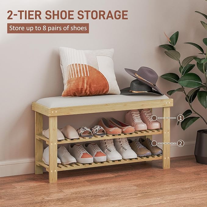 HOMCOM Bamboo Shoe Bench, 3-Tier Entryway Bench with Storage and Cushion, Shoe Organizer for Entryway, Hallway, Holds Up to 331 lbs, 35.4 x 11.4 x 19.3 Inches, Natural - Image 5