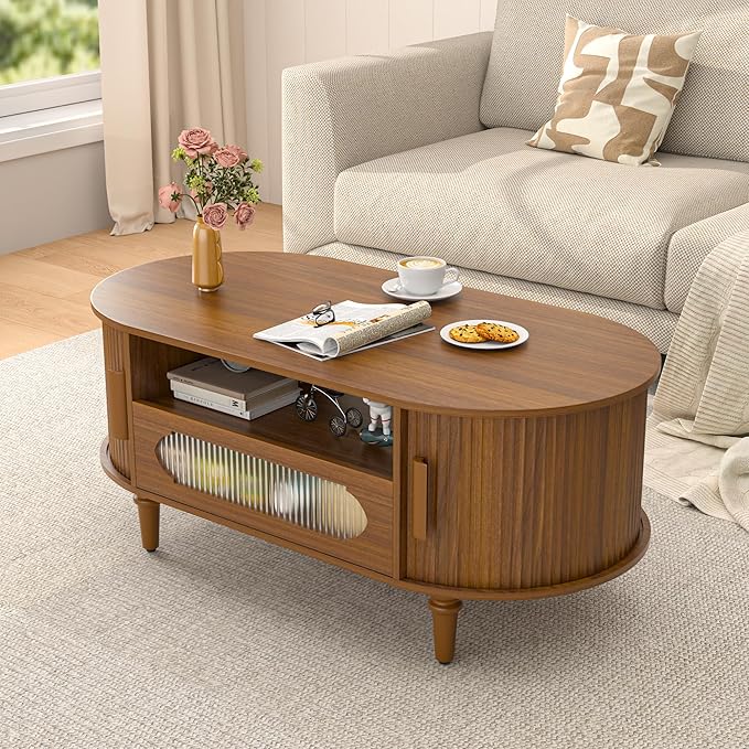 Fluted Oval Coffee Table for Living Room, Wood Round Coffee Table with Storage, Low Small Center Tables with Drawer, Sliding Door, Mid Century Modern, Boho, Rustic, Walnut