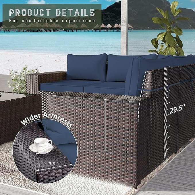 7 PCS Outdoor Patio Furniture Set,Outdoor Sectional Furniture with 43" 55000 BTU Gas Propane Fire Pit Table,All Weather PE Rattan Wicker Patio Conversation Set,Navy Blue