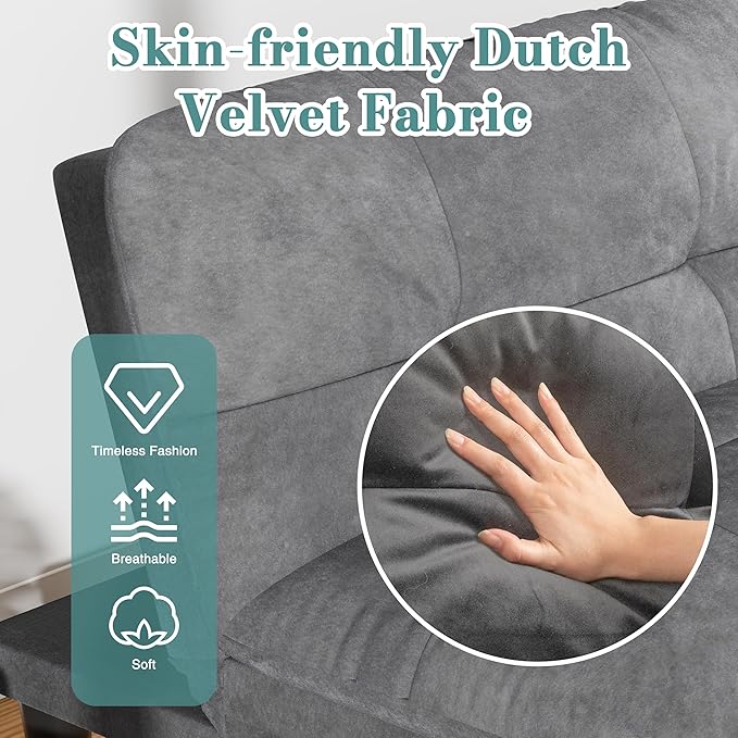 Shintenchi Convertible Futon Sofa Bed, Folding Velevt Set with Adjustable Backrest Recliner Lounge for Living Room, Apartment or Office, Solid Wood Frame, 3-Seater Sofa, Light Grey