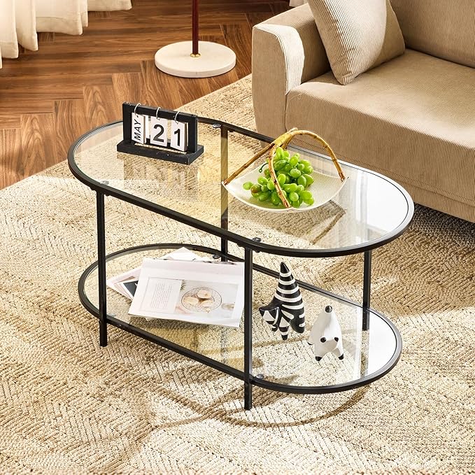 VINGLI Glass Coffee Table, 38" Oval Coffe Table for Home Decor, Modern Tea Table with 2-Tier Storage, Skinny Coffee Tables for Living Room, Office, Small Space, Black